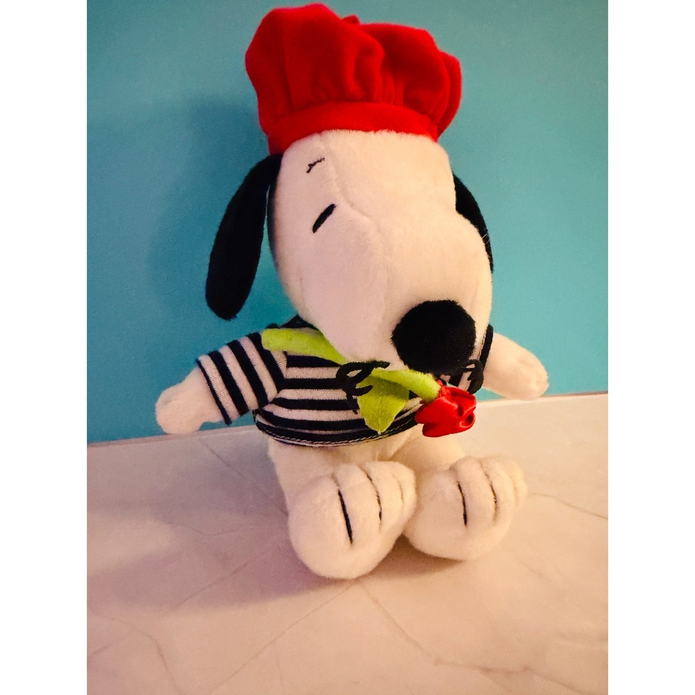 Hallmark Snoopy Plush 7in White French Parisian Beret Rose Striped Shirt VTD5012 - Picture 3 of 7